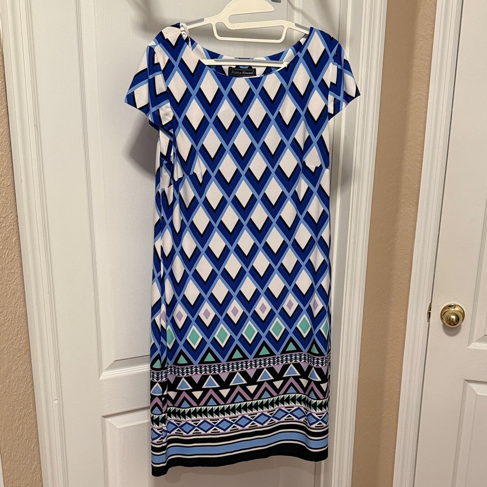 Jessica Howard Blue and White Diamond Pattern Dress